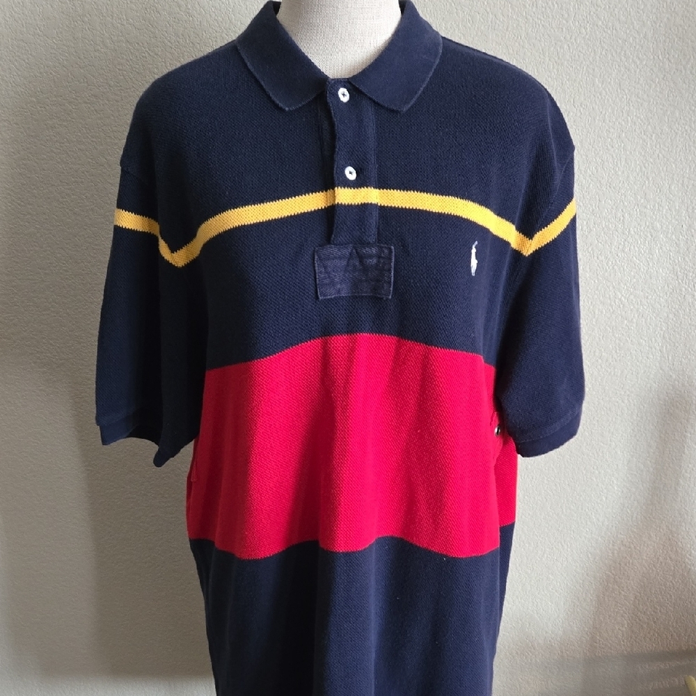 Vintage Ralph Lauren Polo Shirt‎ in Navy with Yellow And Red Accents
